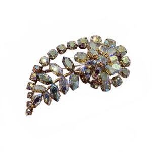 Austrian Goldtone Aurora Borealis Rhinestone Abstract Leaf/Floral Brooch